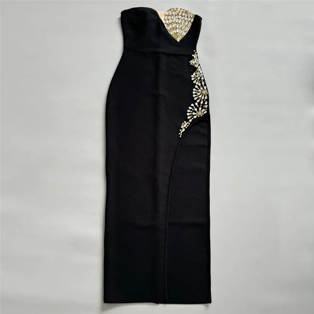Women Sexy Strapless Golden Crystal Bodycon Long Bandage Dress Fashion Celebrate Evening Party Birthday Photo Shot Wear