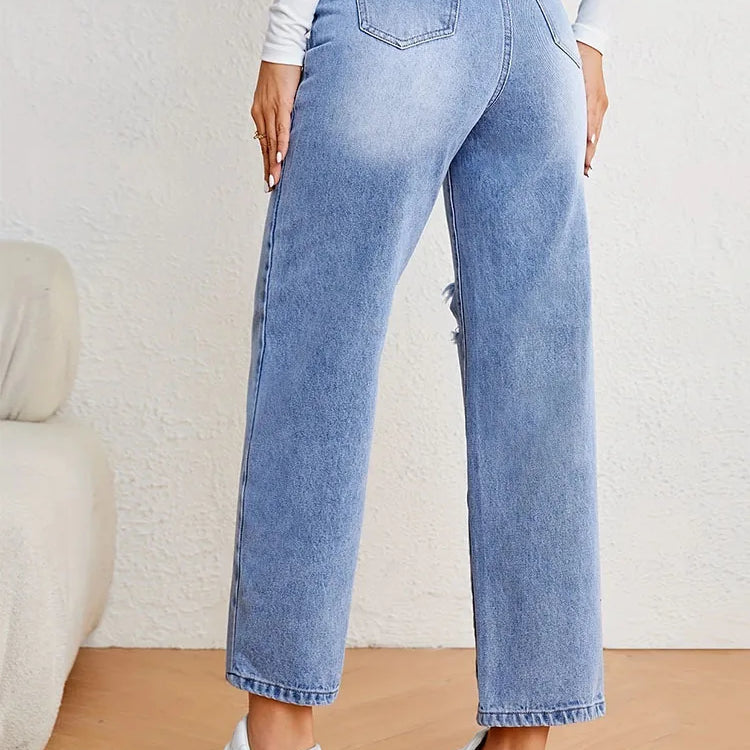 Denimcolab Women's Loose High Waist Jeans Cotton Denim With Holes Straight Leg Pants Ladies Casual Simple Solid Denim Trousers