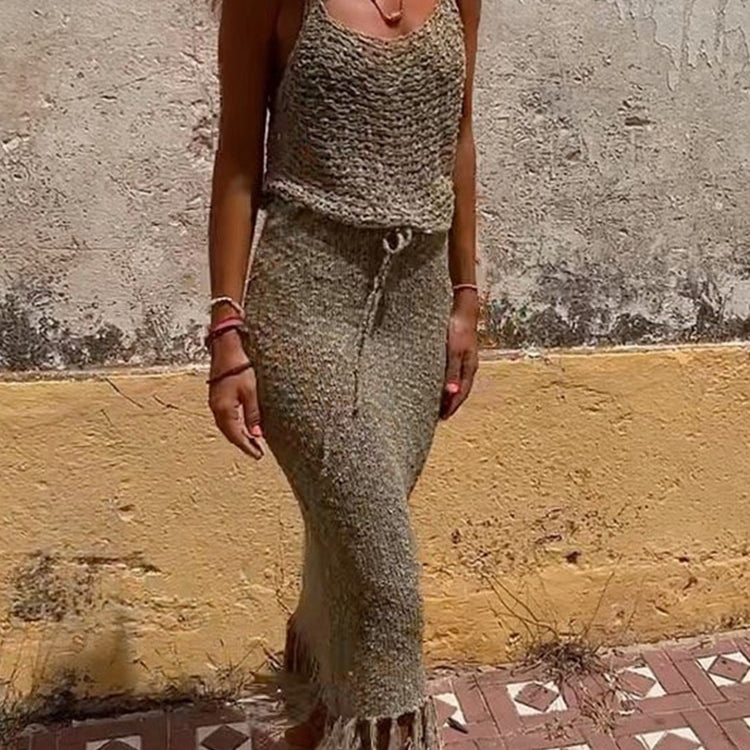 Two Piece Sets Knitted Camisole Blouse Tassel Skirts Women Sexy See Through Summer Mesh Beach Dress Suits Hollow Out Sling Tops