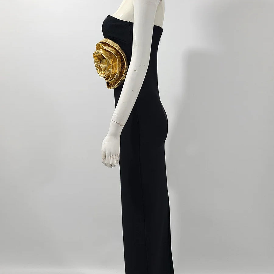 Black Color Women Sexy Strapless Big Gold Florals Bodycon Bandage Long Dress Fashion Elegant Evening Party Cocktail Dress