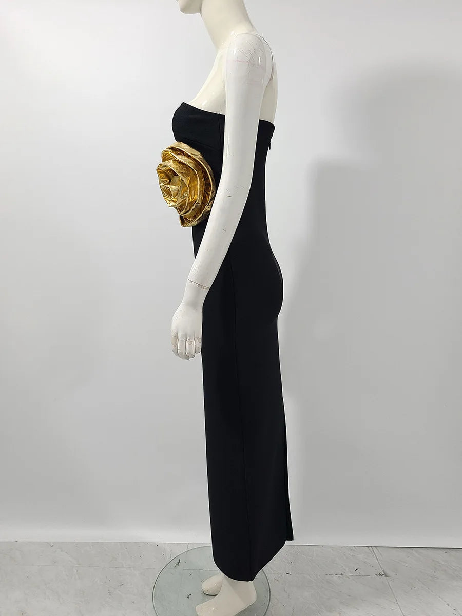 Black Color Women Sexy Strapless Big Gold Florals Bodycon Bandage Long Dress Fashion Elegant Evening Party Cocktail Dress