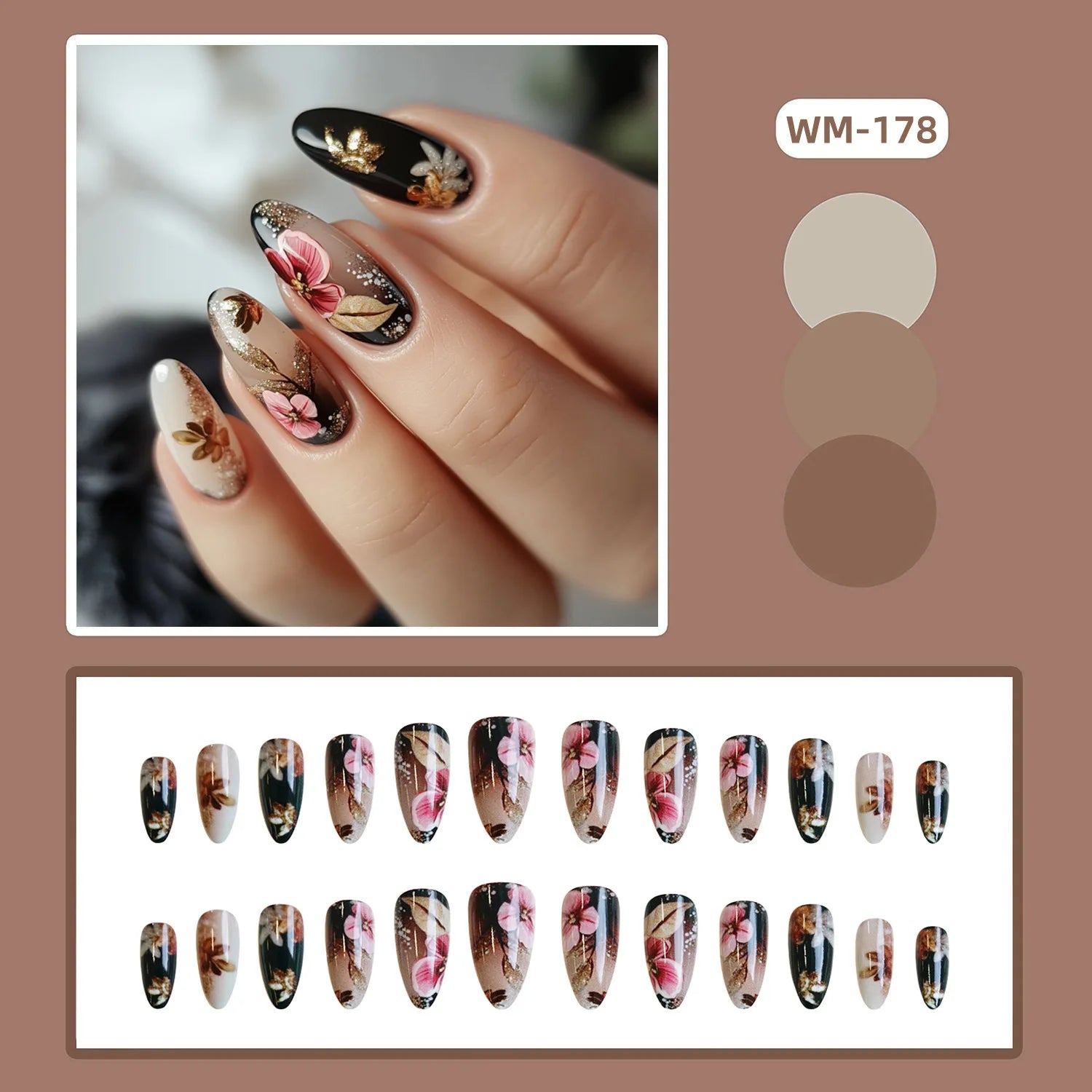 24pcs Classical Flowers Press on Nails Watercolor Butterflys Flowers Print False Nails Wearable Spicy Girls Fake Nails for Women 6