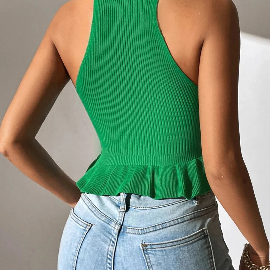 Spring Summer Women Sleeveless Ruffle Hem Crop Knit Top Femme Coquette Casual Knitwear Corset Tank Tops Clothes