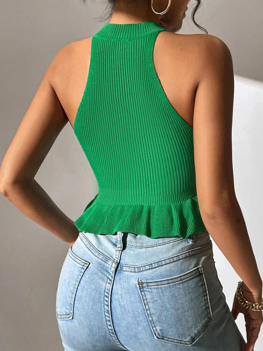 Spring Summer Women Sleeveless Ruffle Hem Crop Knit Top Femme Coquette Casual Knitwear Corset Tank Tops Clothes