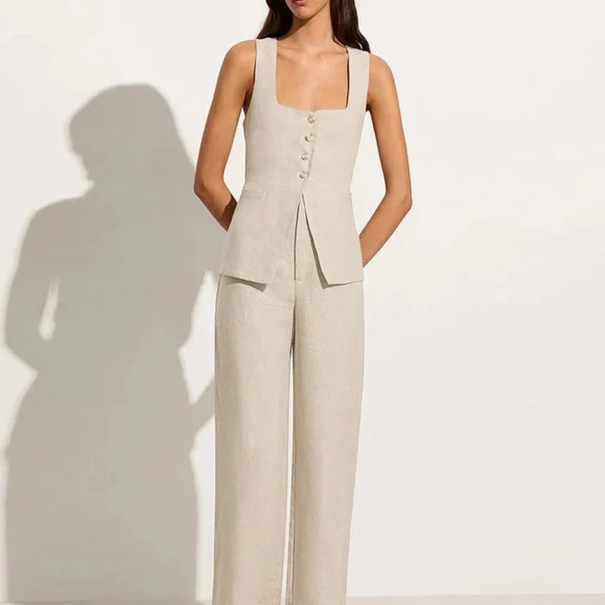 Clacive Summer Slim Khaki Linen 2 Piece Sets Women Outfit Fashion Sleeveless Tank Top With High Waist Pants Set Female