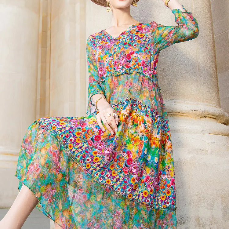Summer 2023 Beach Boho Vintage Print Chiffon V Neck Dress Elegant Party Robe Designer Vestidos Loose Midi Dresses As Picture