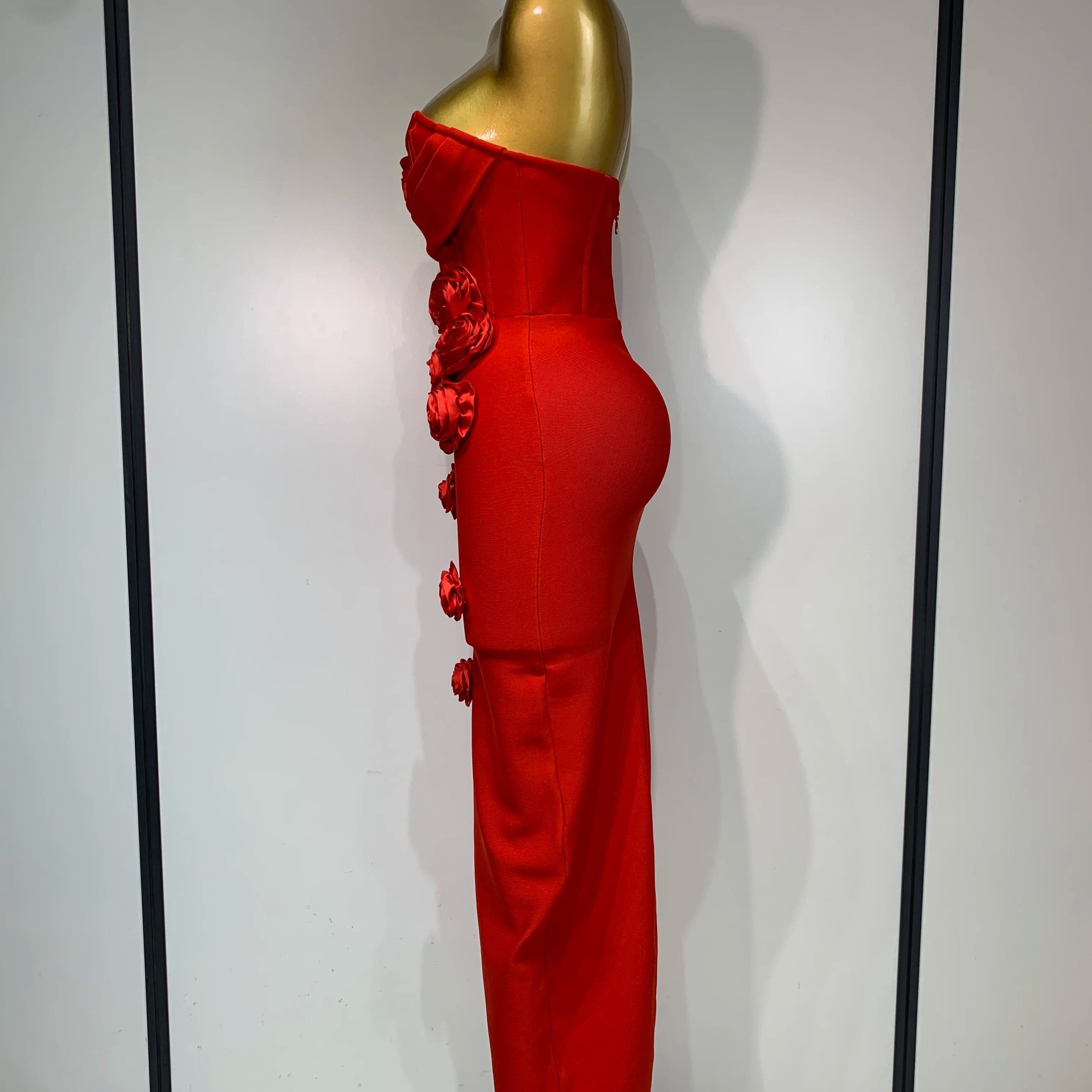 2025 Newest Women Sexy Strapless Backless Red Flower Midi Bandage Dress Celebirty Elegant Evening Club Party Birthday Dresses