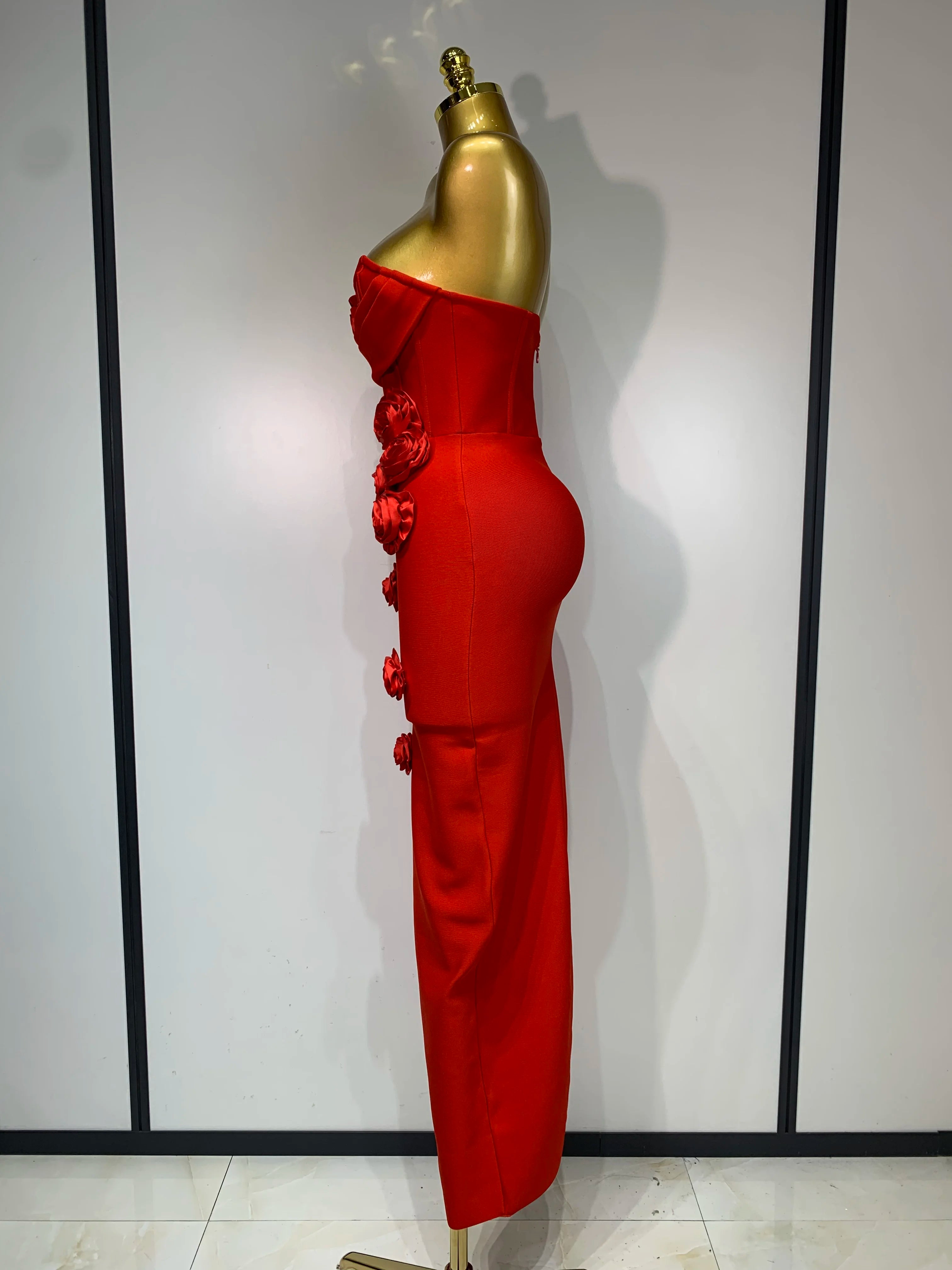 2025 Newest Women Sexy Strapless Backless Red Flower Midi Bandage Dress Celebirty Elegant Evening Club Party Birthday Dresses