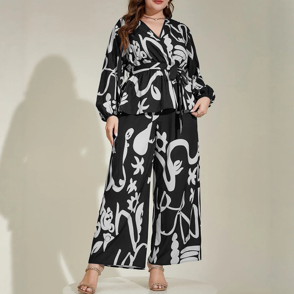 Plus Size Rafiah Women's Summer Sets 2025 Daily Long Sleeve V-Neck Top Full Length High Waist Pants Full Print Casual Sets Black