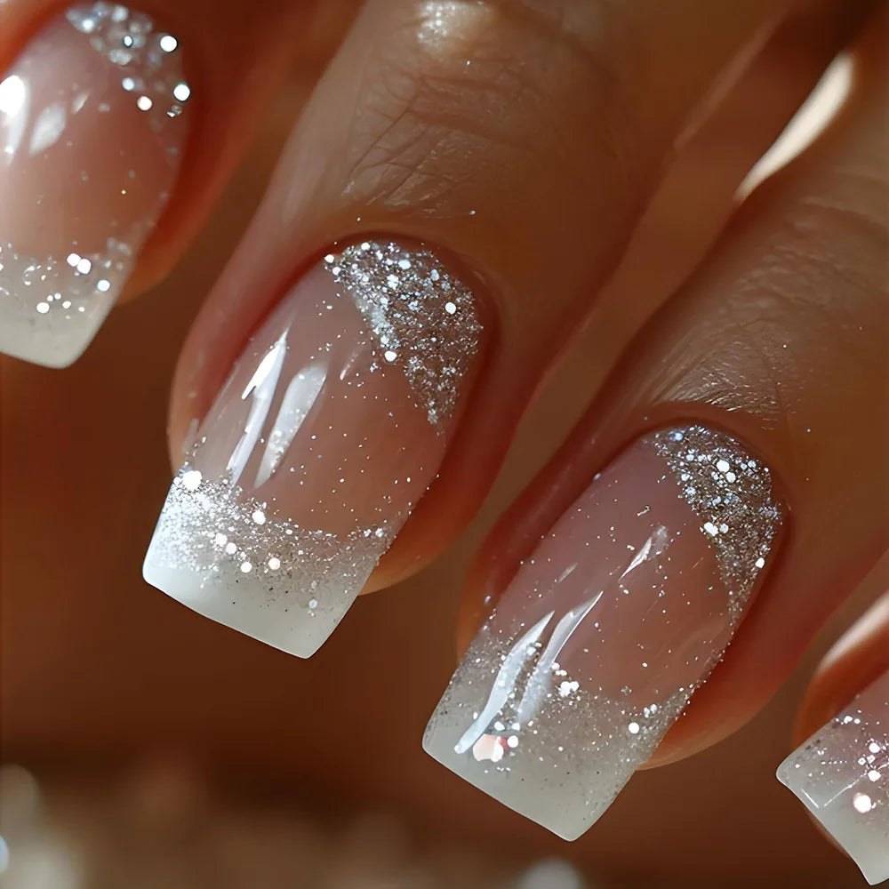 24pcs/set short middle fake nails super sparkling glitter flowers starry sky ballet square almond tips press on false nails art 1495