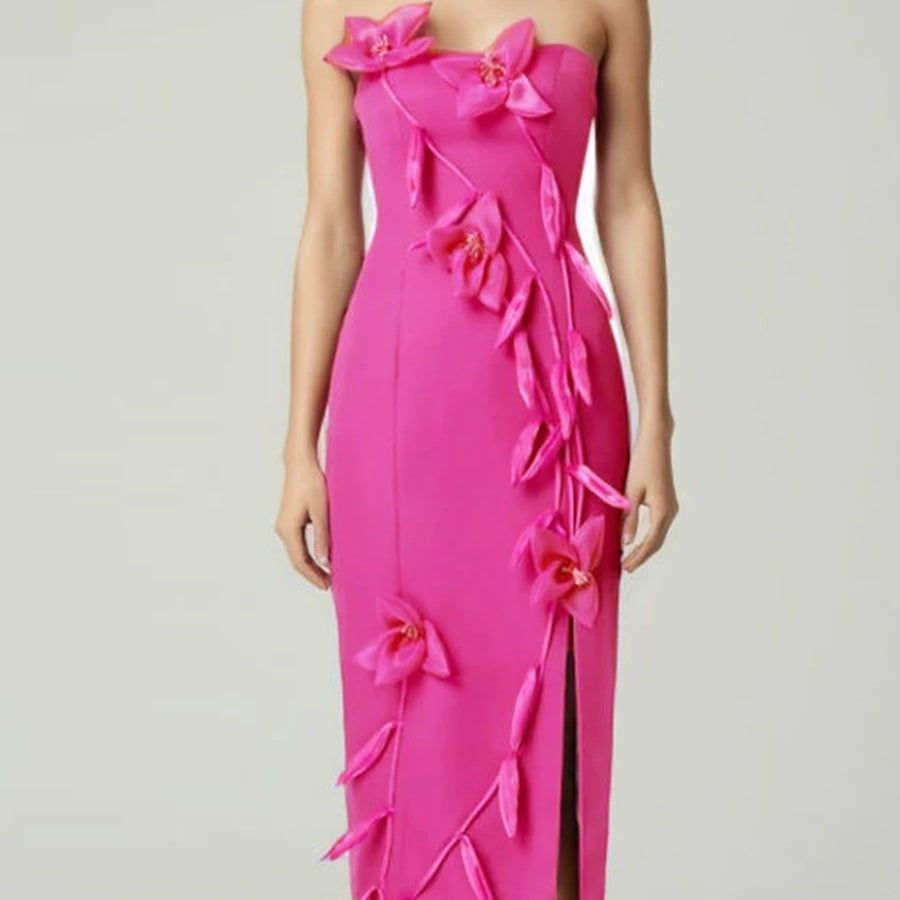 Solid Slimming Spliced Appliques Elegant Dresses for Women Srtapless Sleeveless Split Dress Femlae Fashion Clothing