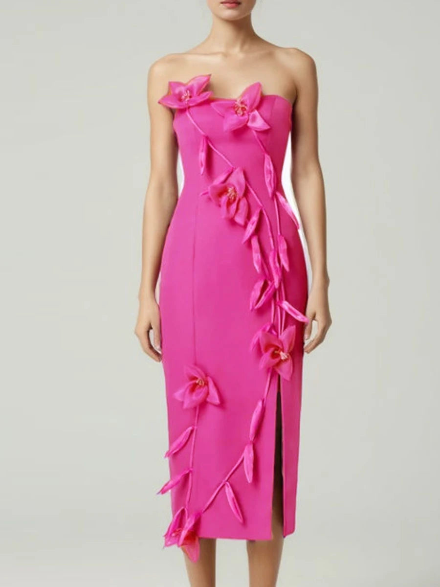 Solid Slimming Spliced Appliques Elegant Dresses for Women Srtapless Sleeveless Split Dress Femlae Fashion Clothing