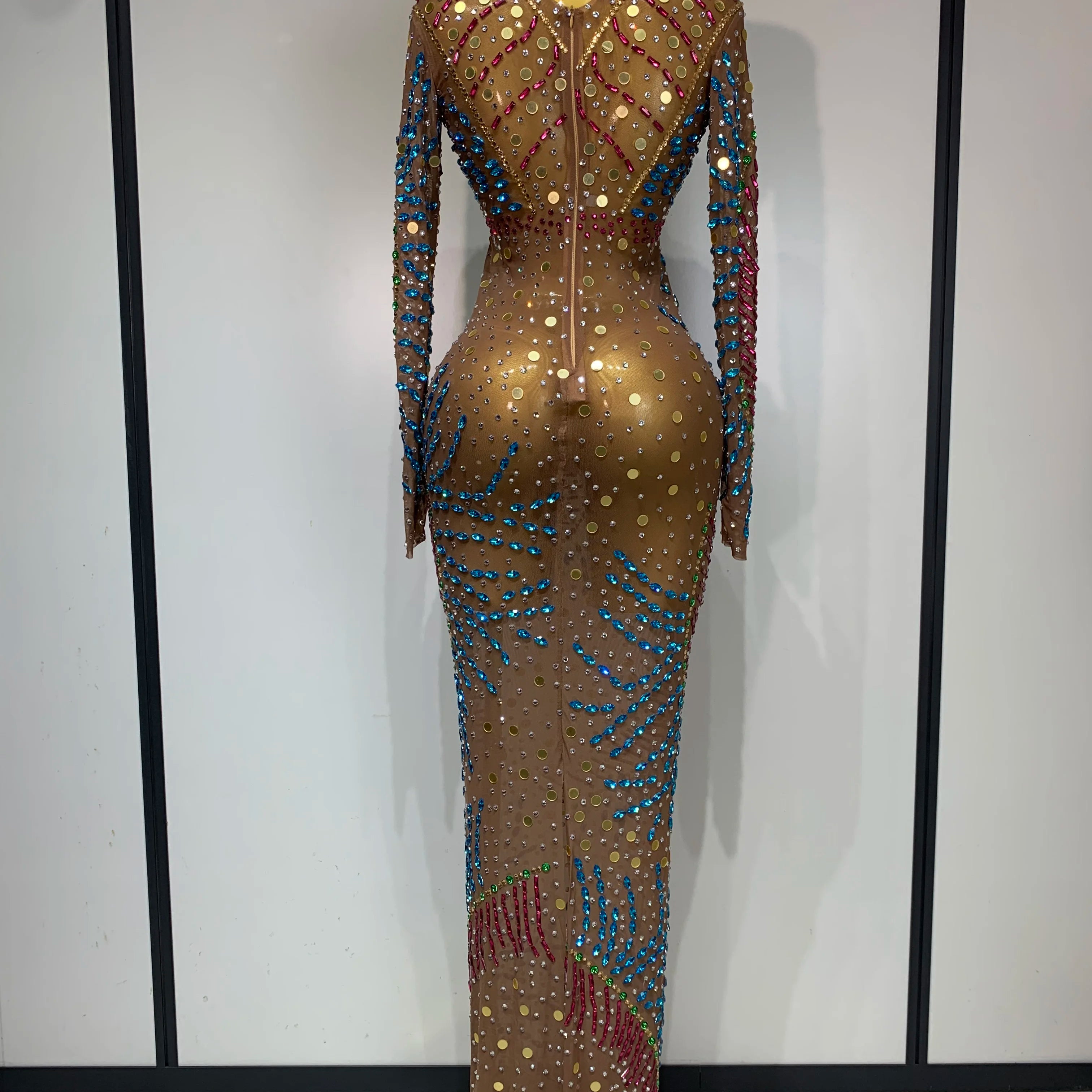 Women Sparkly Rhinestone See Through Elastic Mesh Women Long Dress Evening Prom Birthday Party Wear Club Performance Costume