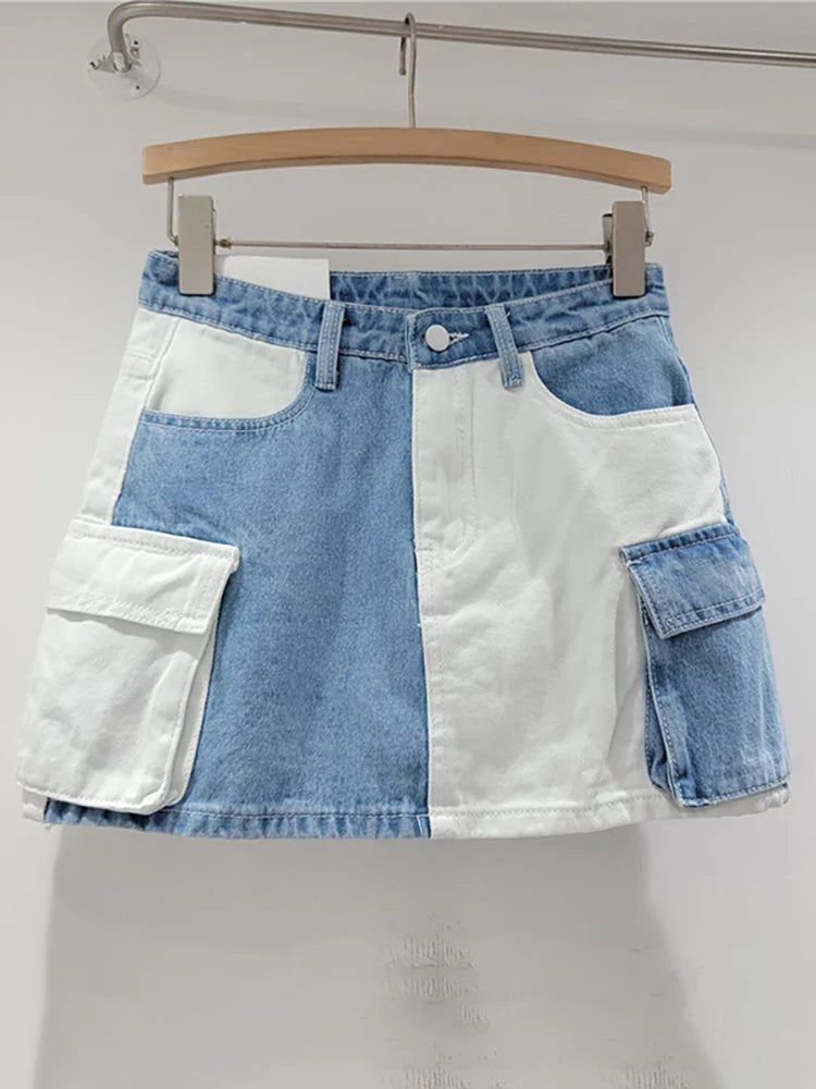 DEAT Women's Denim Skirt Contrast Color Patchwork Big Pockets Wrap Hip A-line Cargo Mini Skirt Summer New Fashion 29L6817 Blue