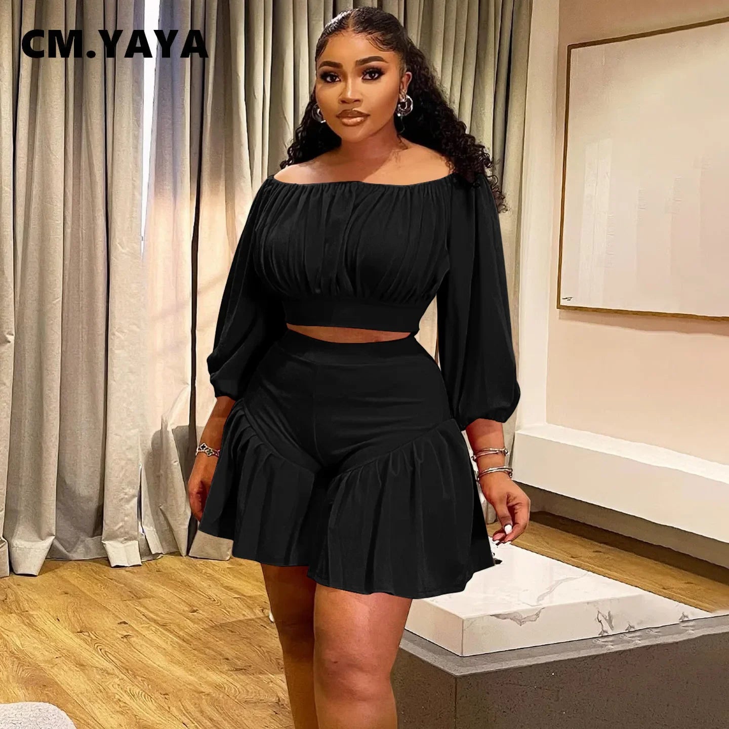 Plus Size Women's Set Long Sleeve Slash Neck T-Shirt and Shorts 2025 Summer Ruched Two 2 Piece Set Outfits Tracksuit