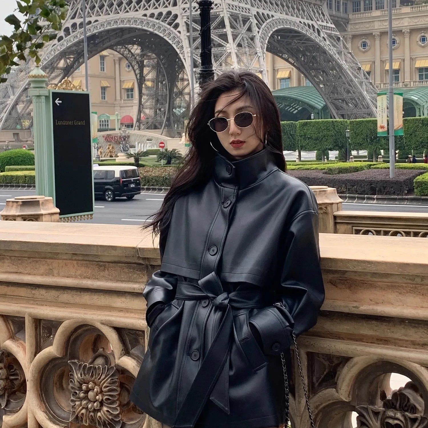 Lautaro Spring Autumn Black Soft Pu Leather Jacket Women Sashes Stand Collar Long Sleeve Elegant Luxury High Quality Clothing Black