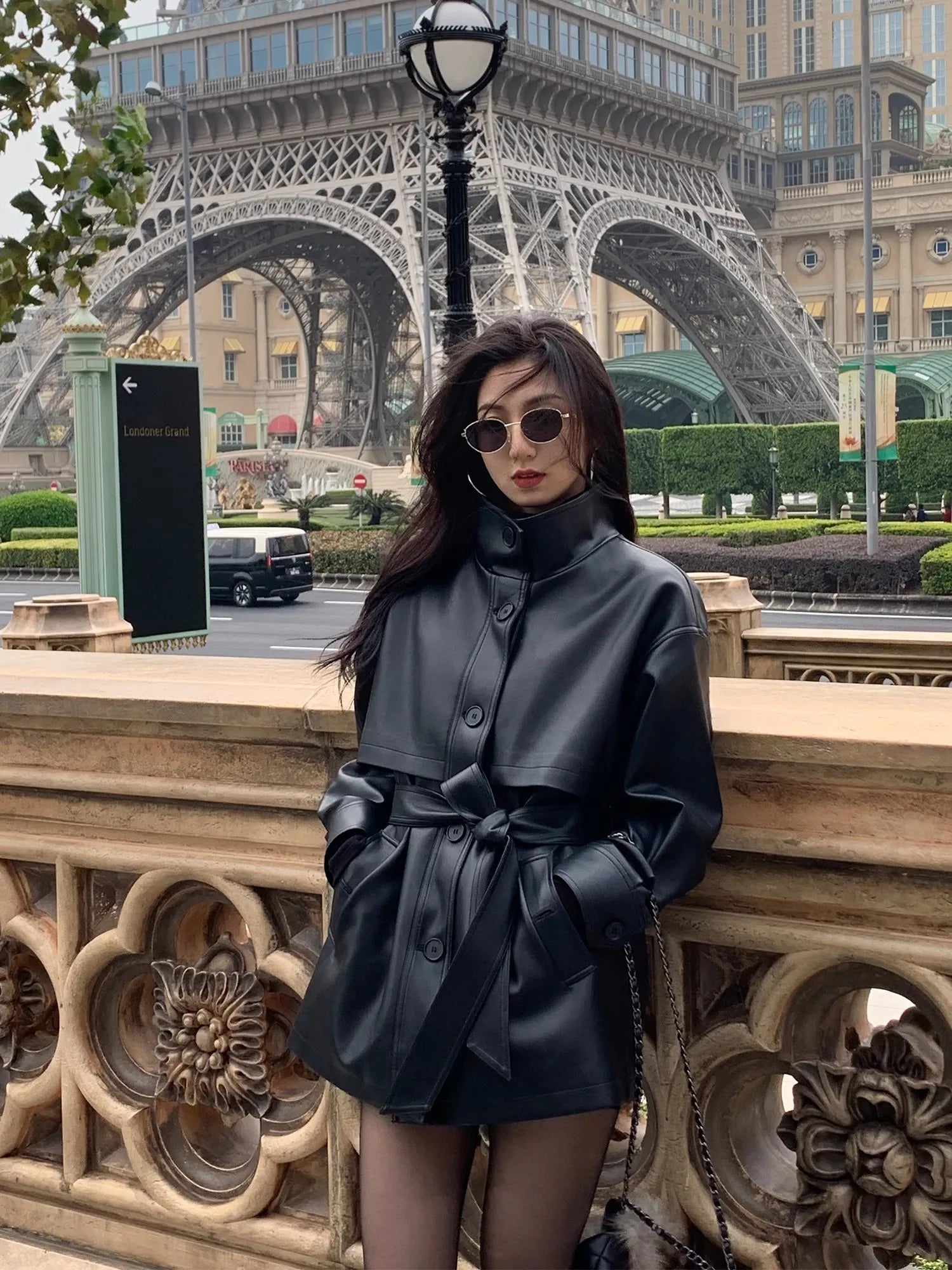 Lautaro Spring Autumn Black Soft Pu Leather Jacket Women Sashes Stand Collar Long Sleeve Elegant Luxury High Quality Clothing Black