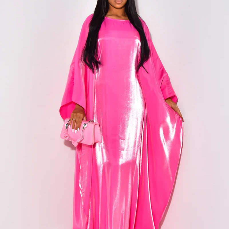 Women Loose O-neck Full Batwing Sleeve Long Maxi Dress Summer Satin Vintage Africa Streetwear Vestido Evening Dresses Rose Red One Size
