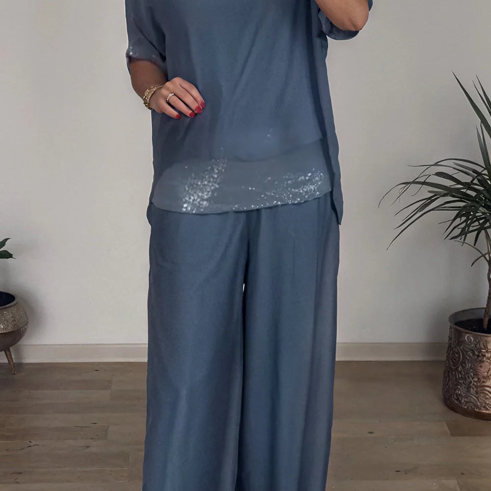 Plus Size Formal Green Elegant Round Neck Half Sleeve Pocket Chiffon Three Piece Sets Blue