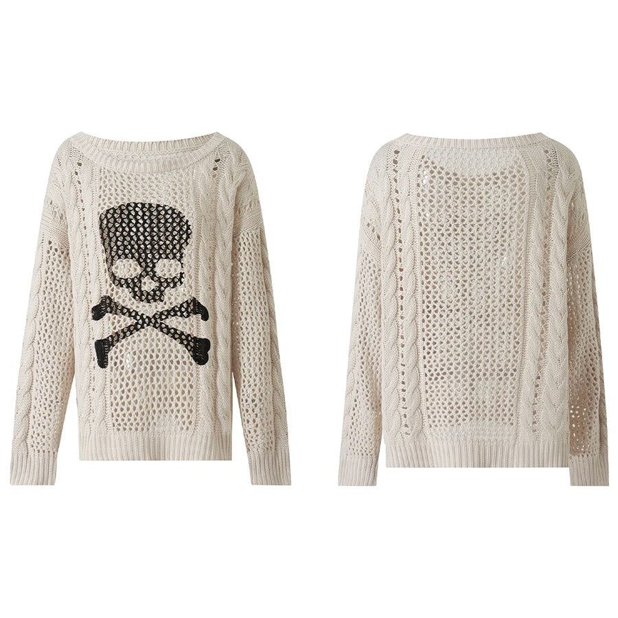 Women Skull Print Cable Knit Sweater Halloween Clorthes Gothic Hollow Out Long Sleeve Round Neck Loose Jumper Tops Fall Knitwear Beige