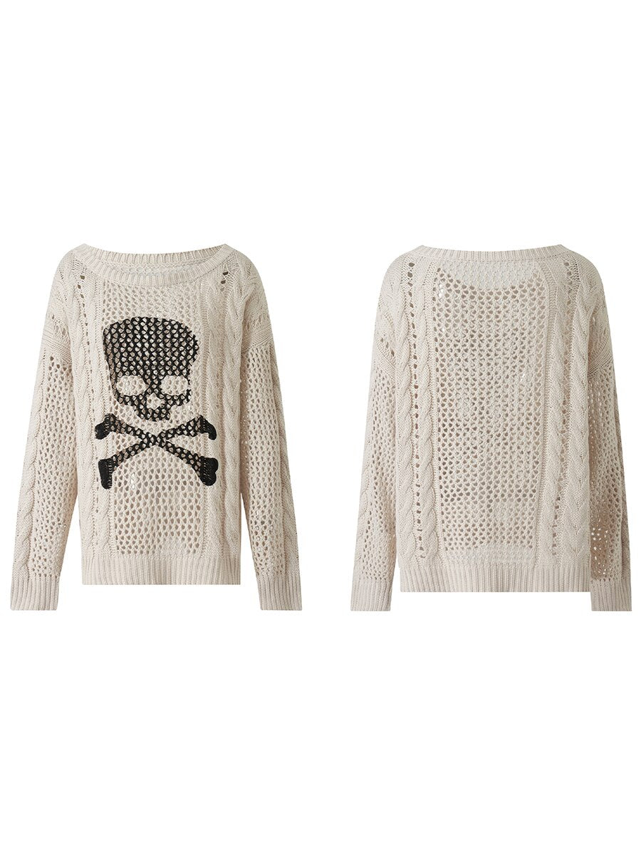 Women Skull Print Cable Knit Sweater Halloween Clorthes Gothic Hollow Out Long Sleeve Round Neck Loose Jumper Tops Fall Knitwear