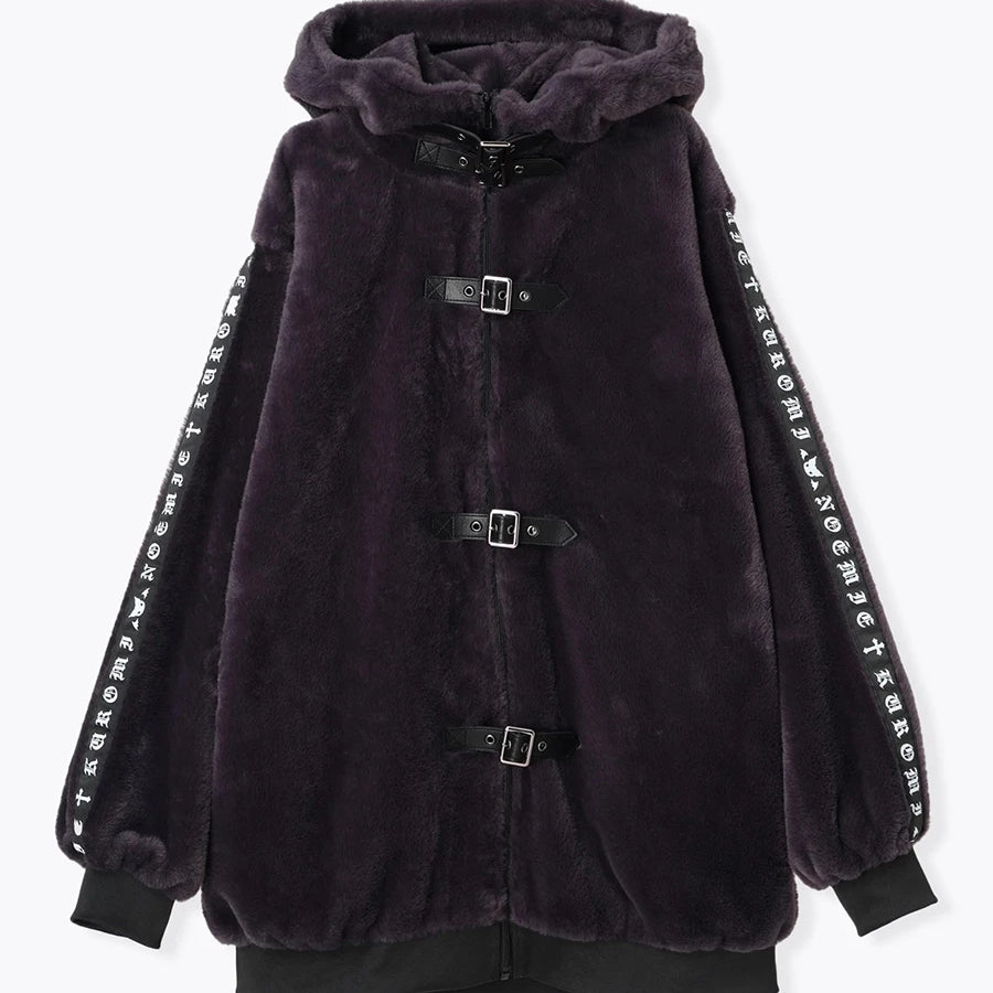 Lautaro Winter Oversized Sweet Cute Soft Black Faux Fur Coat Women with Bunny Ears Kawaii Loose Fluffy Jacket Hoodie Streetwear Purple One Size