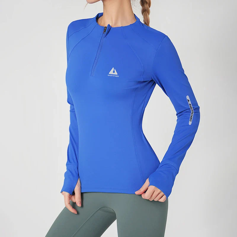 Round neck sports coat women tight fitness top running long-sleeved quick dry Slim zipper yoga clothing fall and winter Blue Top