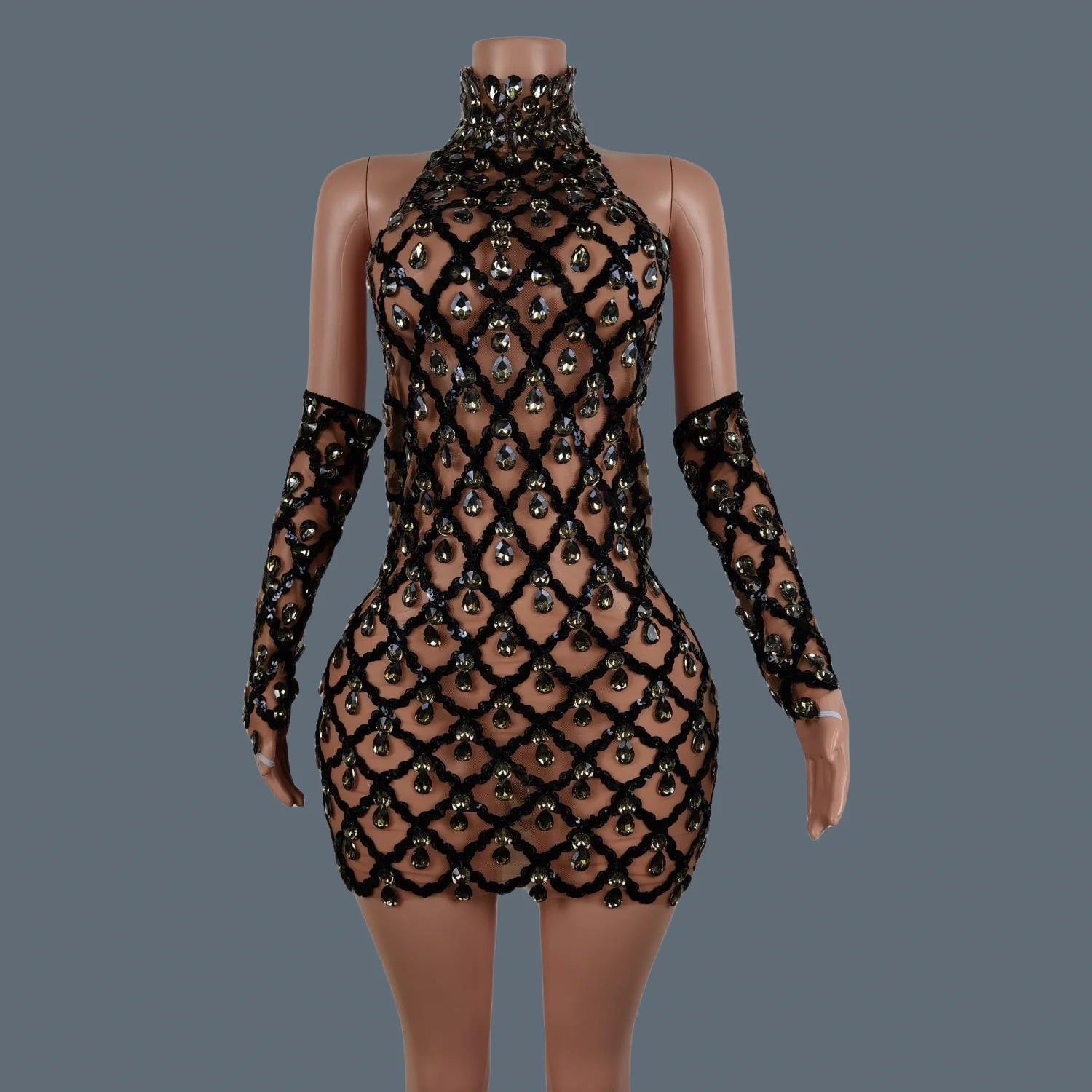 Sparkly Sequins Crystals Summer Mini Dress Sexy Sleeveless See Through Mesh Women Party Dress Event Singer Show Wear Shaokaojia black with gloves One Size