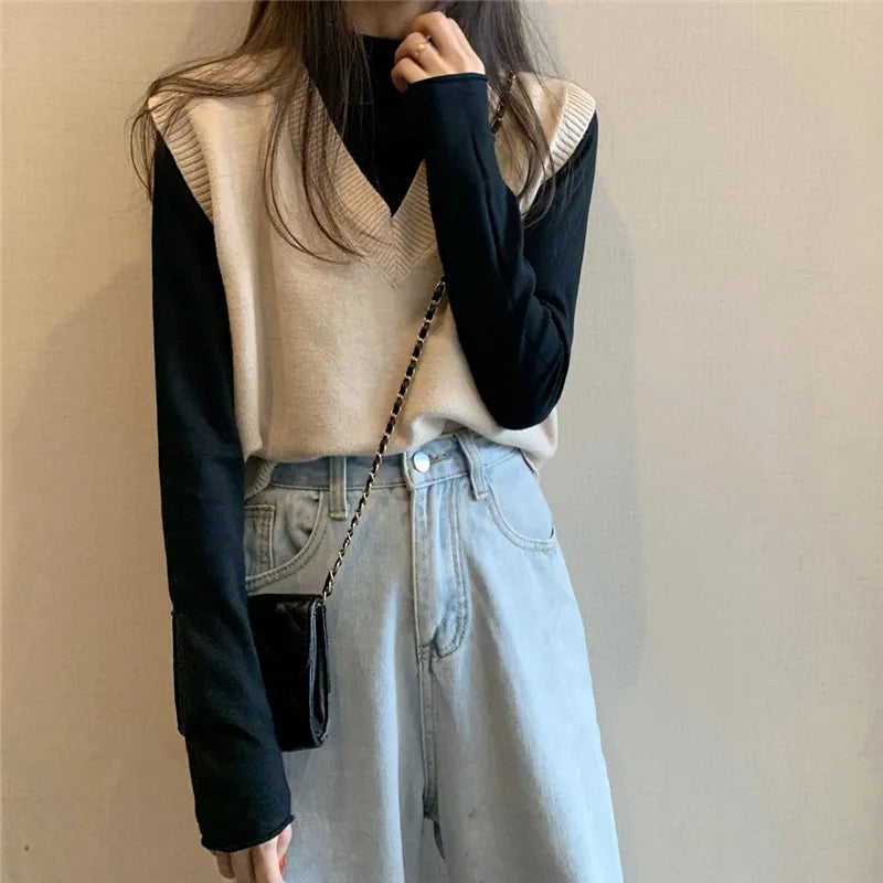 Women Knitted Sweater Vest Spring Autumn Short Loose Vintage Sweater Sleeveless Girls V-Neck Pullover Tops Female Outerwear