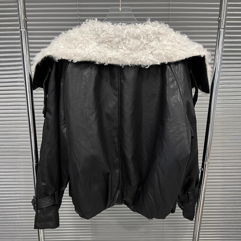 Autumn Winter New Niche Design Lamb Wool Patchwork Warm Leather Jacket For Women Loose Double-breasted Coat 11A07816