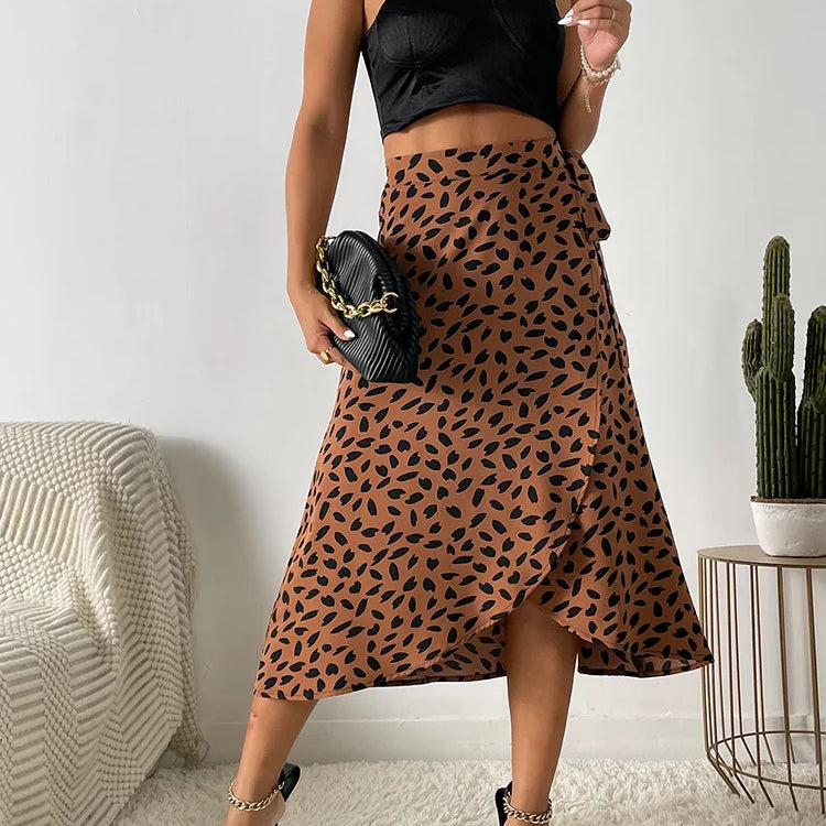 Benuynffy Boho Women Casual Print Tie Side Wrap Skirt Elegant High Waist Female Summer Asymmetrical Knee Length A-Line Skirts Brown