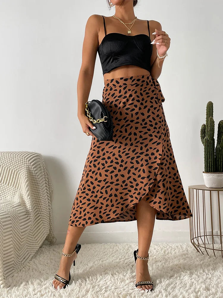 Benuynffy Boho Women Casual Print Tie Side Wrap Skirt Elegant High Waist Female Summer Asymmetrical Knee Length A-Line Skirts Brown