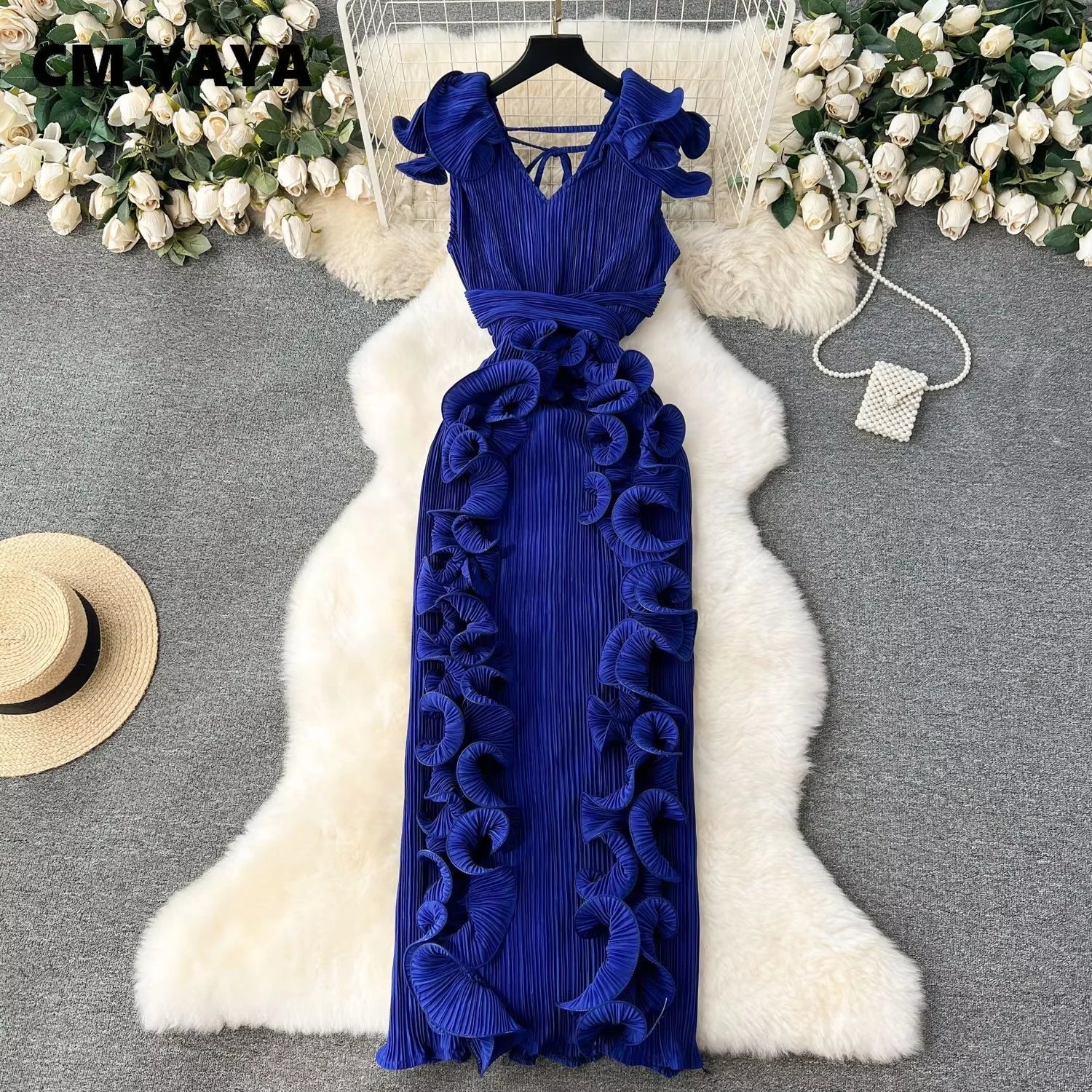 CM.YAYA Women Ruffles Splicing V-neck Sleeveless Bodycon Midi Pleated Maxi Long Dress 2025 Birthday Sexy Club Party Even Dresses Dark Blue One Size