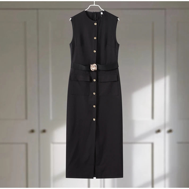 Elegant Split Women 's Maxi Dress O-neck Sleeveless Single Breasted Waist Cinching Pocket Female Dressess Summer Lady Vestidos black