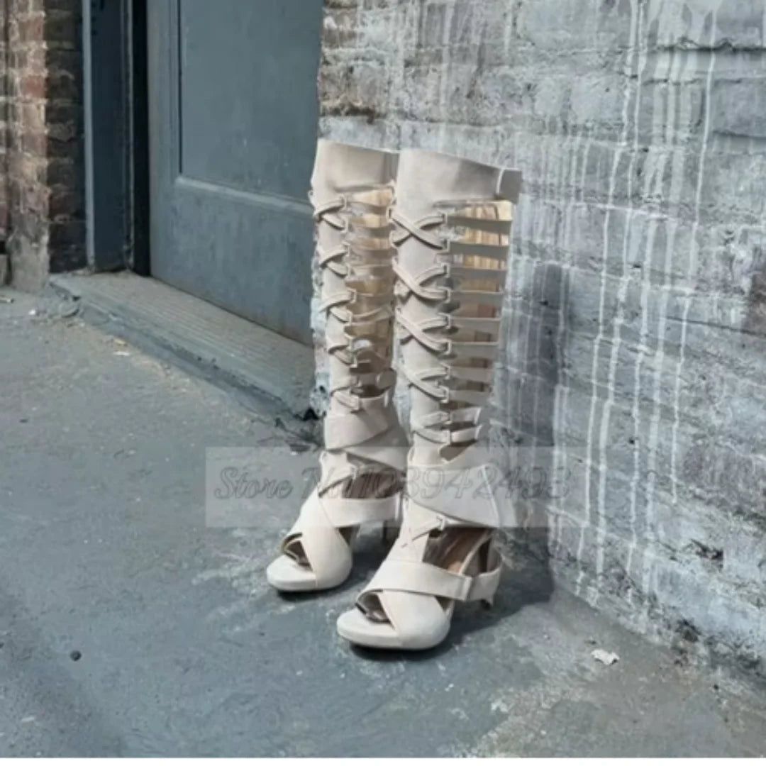 Gladiator Heels Cross Strap Heeled Sandals Women Luxury Designer Shoes Summer Autumn Sxey Solid Knee-High Sandalias De Mujer Red