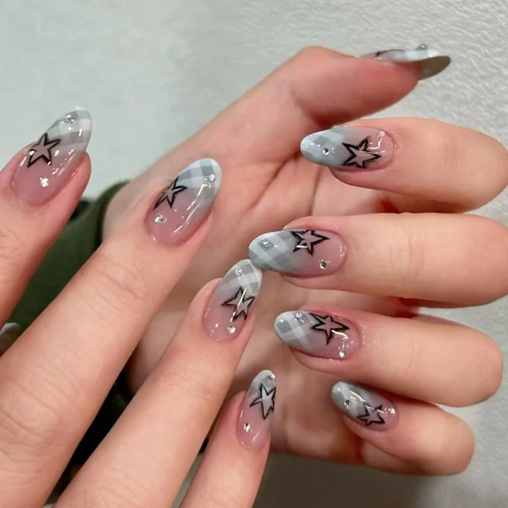24pcs Blue Plaid Gradient Fake Nails Phototherapy French Tips Y2k Style Press On Nails Long Almond Cool Stars False Nail Patches Y2