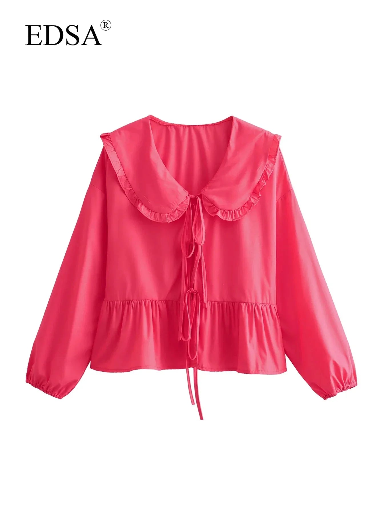 EDSA Women Elegant Ruffles Shirt Summer Blouse with Peter Pan Collor Lantern Sleeves Bow Buttons Sweet Soft Top