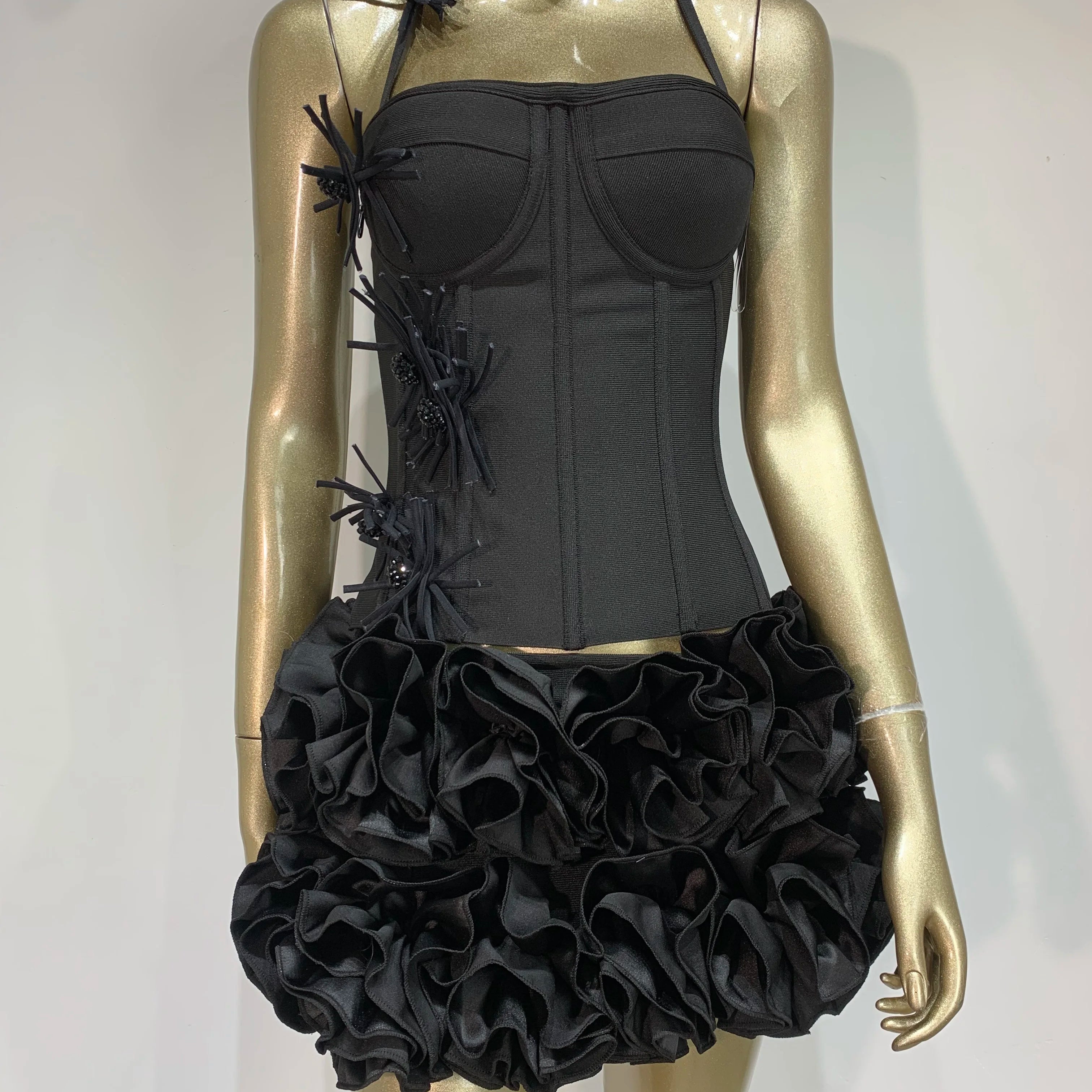 Women Sexy Halter Backless Lacing Flower Black Mini Two Pieces Skirt Bandage Set 2025 Celebrity Designer Fashion Women's Set