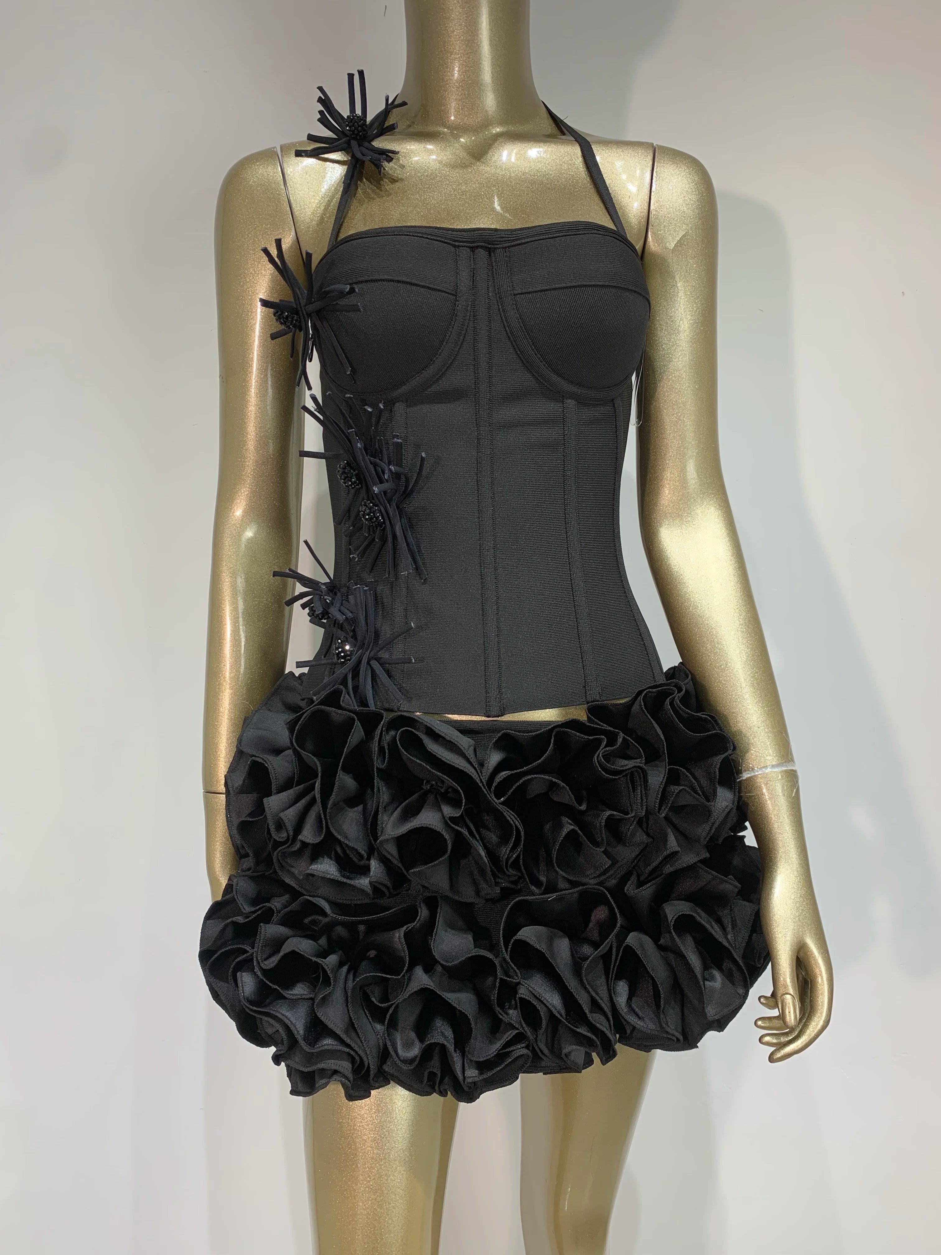 Women Sexy Halter Backless Lacing Flower Black Mini Two Pieces Skirt Bandage Set 2025 Celebrity Designer Fashion Women's Set