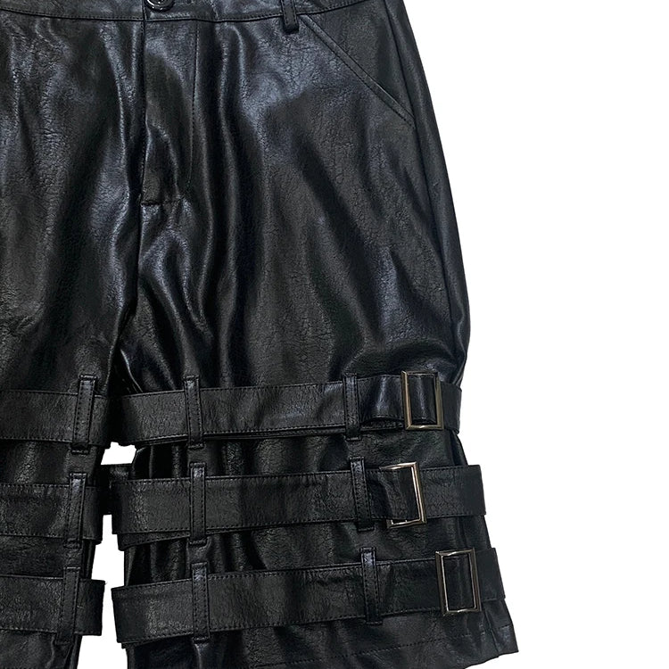 Nerazzurri Summer Autumn Black Faux Leather Shorts for Men with Many Belt Mens High Waist Short Straight Pants Emo Clothes 2025