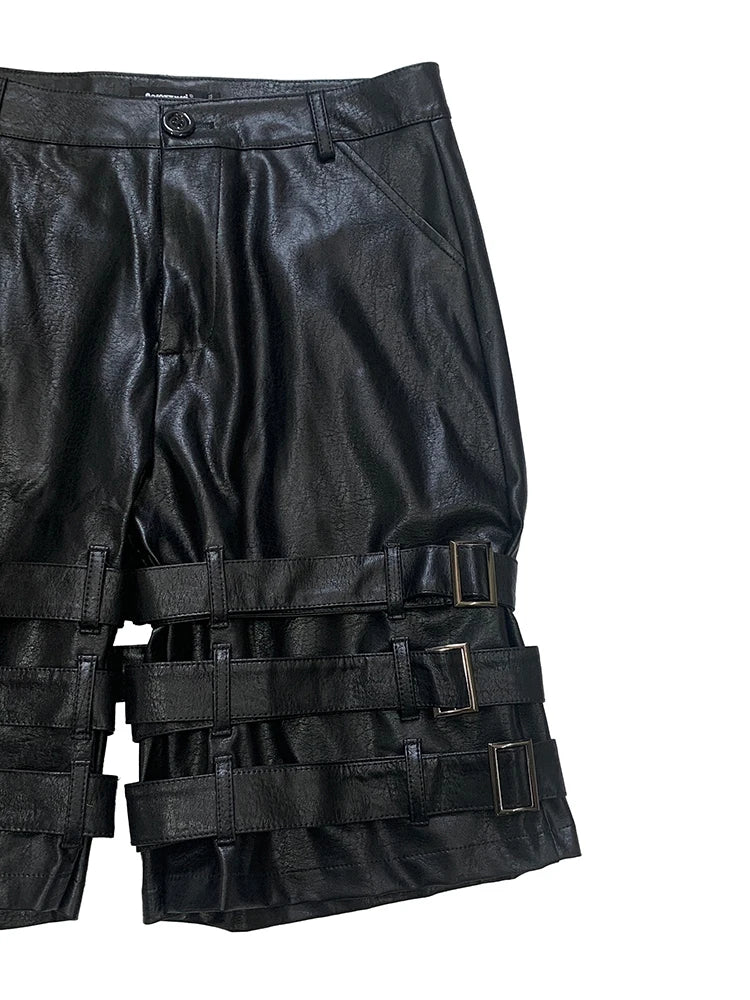 Nerazzurri Summer Autumn Black Faux Leather Shorts for Men with Many Belt Mens High Waist Short Straight Pants Emo Clothes 2025