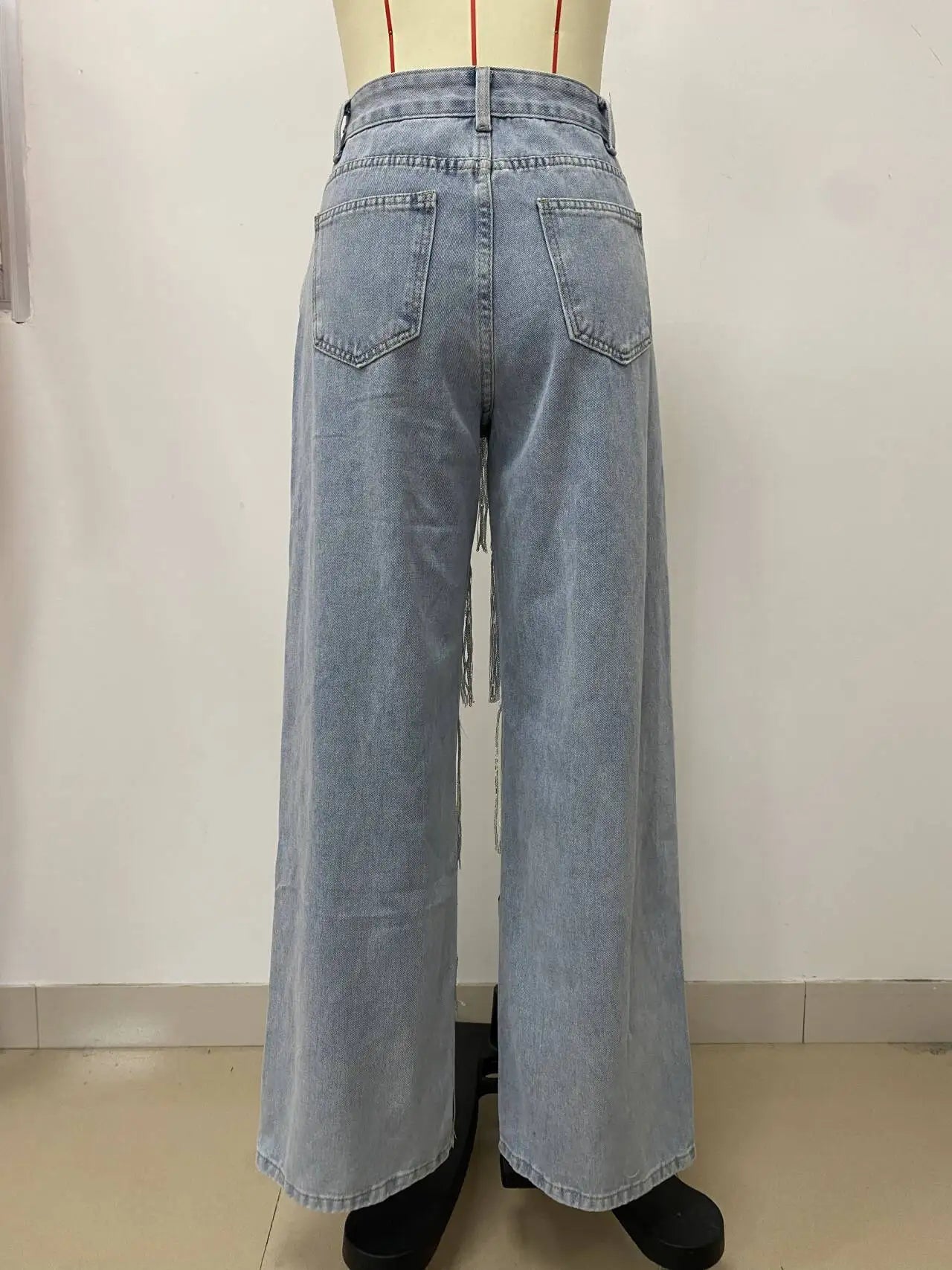 Women Sequins Tassel Wide Leg Blue Denim Pants 2025 Summer Streetwear Party Vintage High Waist Jeans Trousers