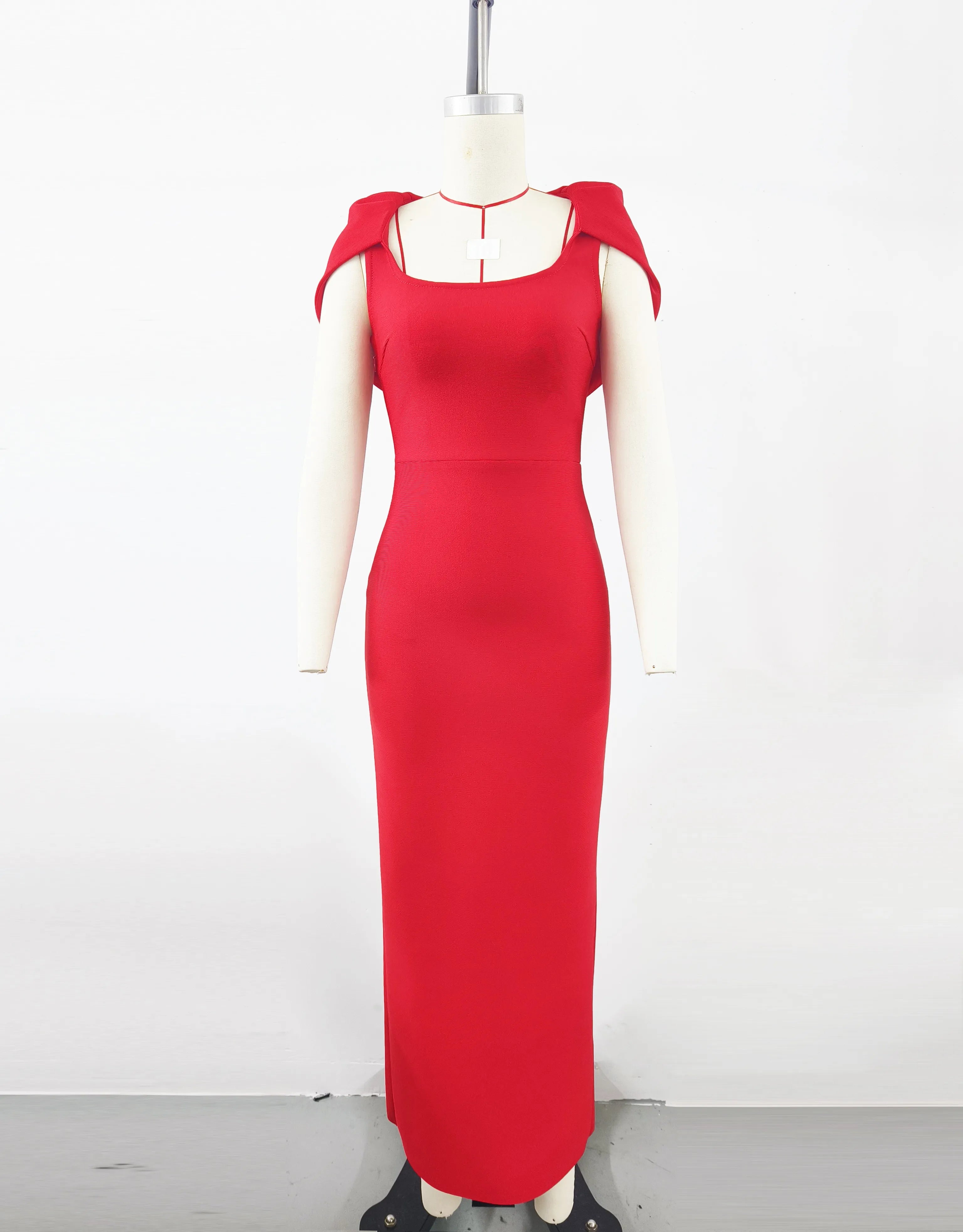 Red Color Women Sexy Square Collar Short Sleeve Bodycon Long Bandage Dress Evening Party Celebrate Wedding Outfit