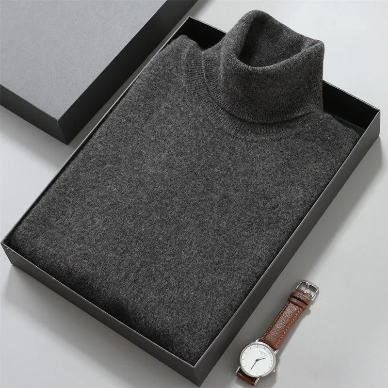Turtleneck Men Pullovers Autumn Winter Soft Light Warm Rolled Neck Jumper Jersey Pull Homme Knitted Sweater Dark Grey