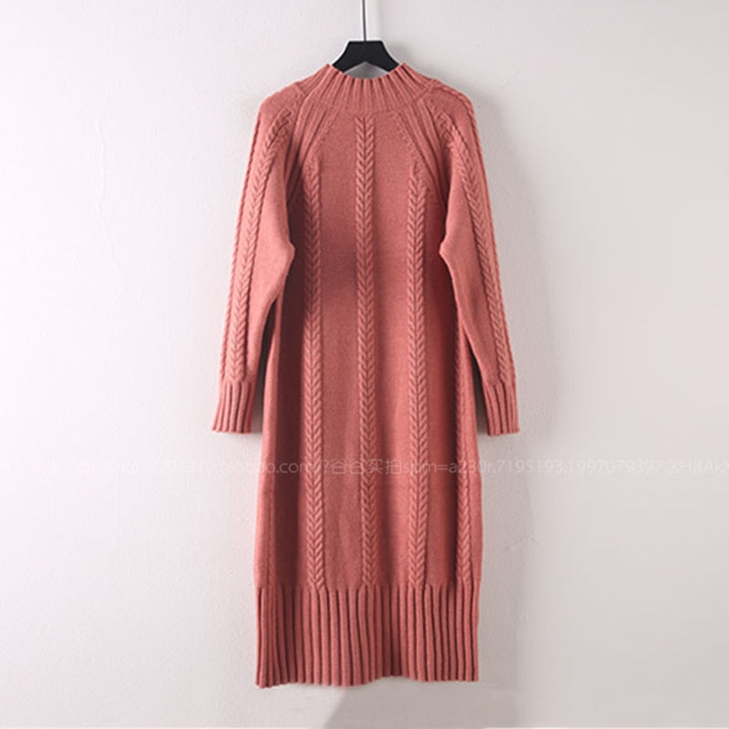 Winter Thicken Plus Velvet Sweater Dress Women's Fall Mock Neck Rib Knit Bottoming Dresses Elegant Warm Vestido Midi With Coats