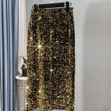 French High-waisted Slim Skirt High-quality Shiny All-match Mid-length Thickened Hip Skirt Split Black Sequin Skirt Women Gold