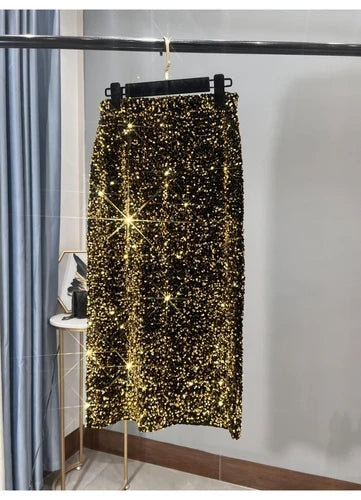 French High-waisted Slim Skirt High-quality Shiny All-match Mid-length Thickened Hip Skirt Split Black Sequin Skirt Women Gold