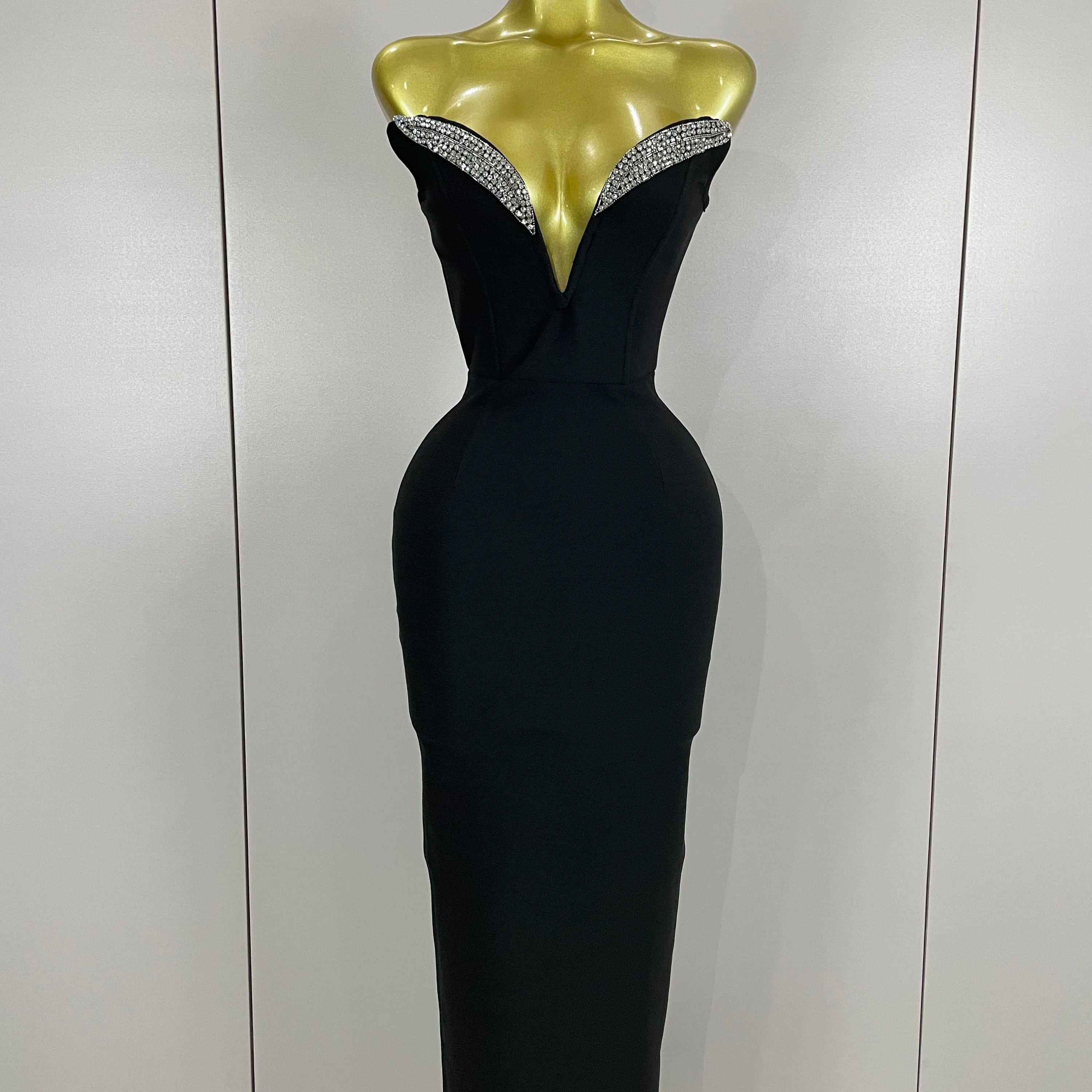 2025 Women Sexy Strapless Sparkly Rhinestones Bodycon Bandage Long Dress Fashion Celebrate Evening Party Luxury Birthday Dresses black