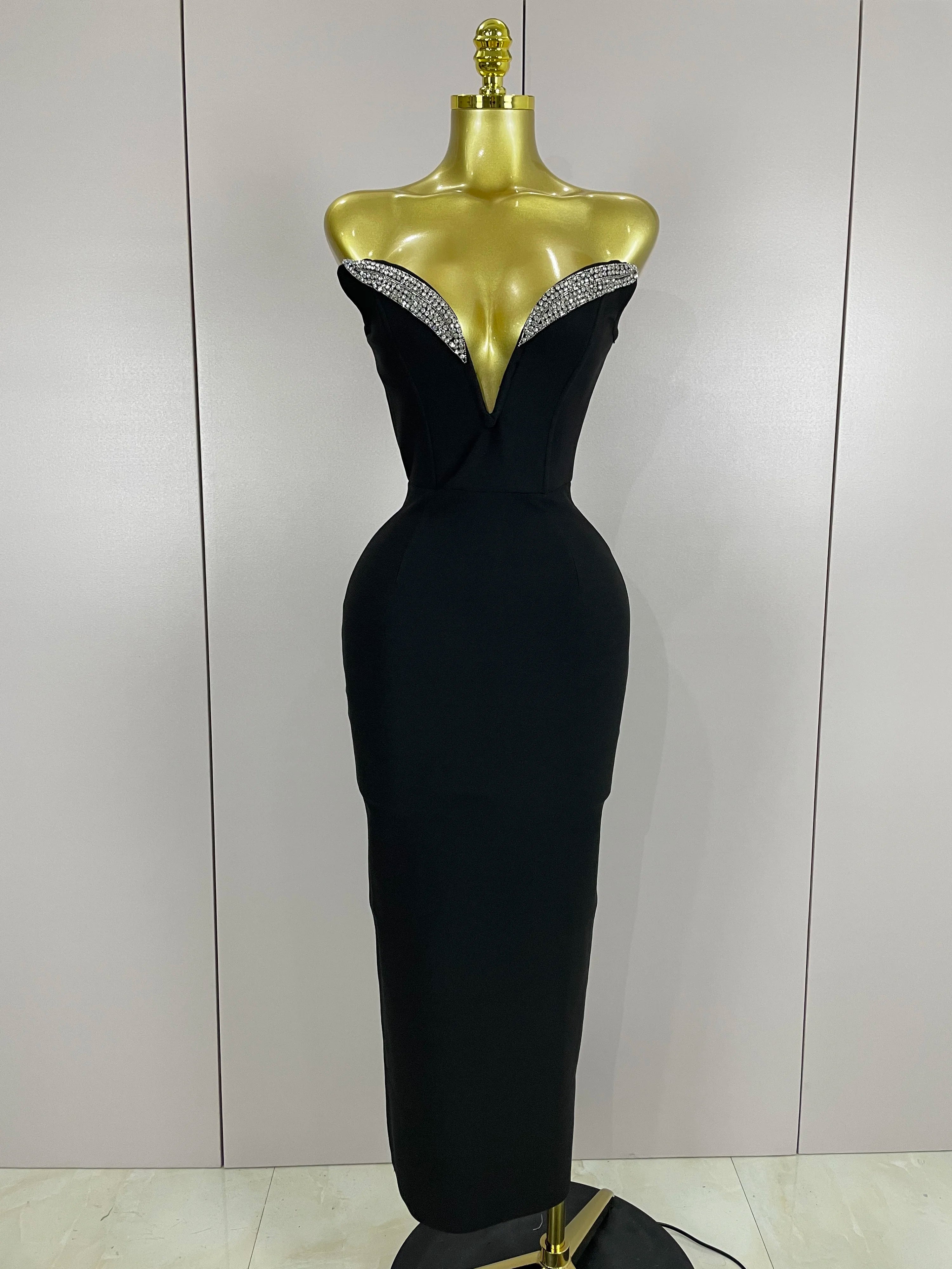 2025 Women Sexy Strapless Sparkly Rhinestones Bodycon Bandage Long Dress Fashion Celebrate Evening Party Luxury Birthday Dresses black