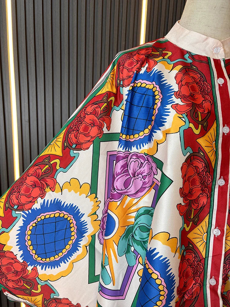 ZARATRAFnew summer women's silk texture printed trousers suit shirt bat shirt + positioning printed high waist trousers